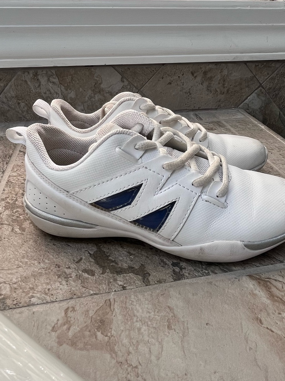 Girls Cheer Shoes-  White Athletic Sneakers with Blue Accents